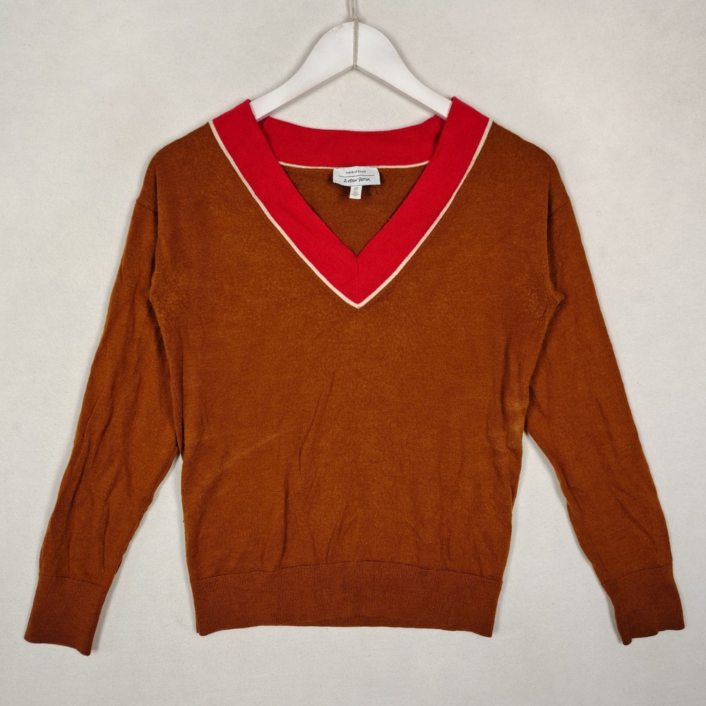& Other Stories Paris Atelier Wool V-Neck Sweater Brown Red Varsity Trim Small